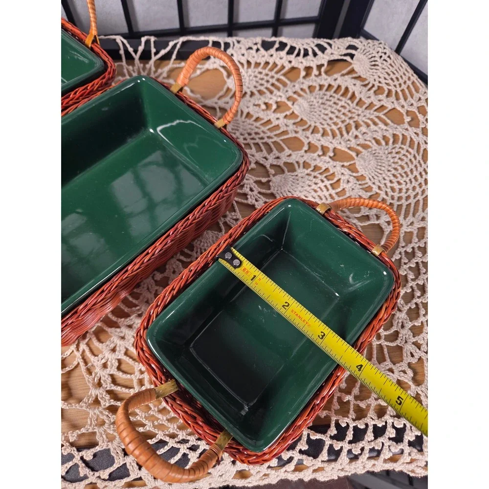 Vintage Green Ceramic Baking Dish Set with Wicker Baskets 3 Pieces Rectangular